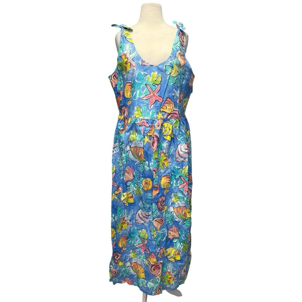 Vtg 80s 90s Fish Print Maxi Dress Large NWT Dock of the Bay Cotton Resort Beach
